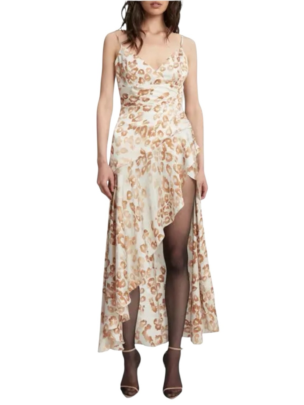 Bardot Sorella Animal Print Draped Asymmetric Side Ruffled Slit Slip Dress NWT